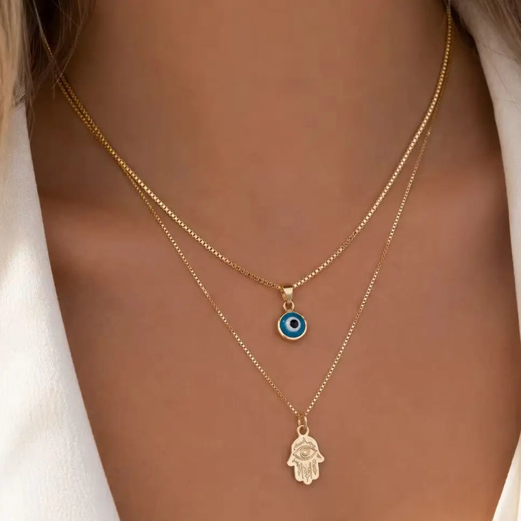 Layered Blue Evil Eye Necklace