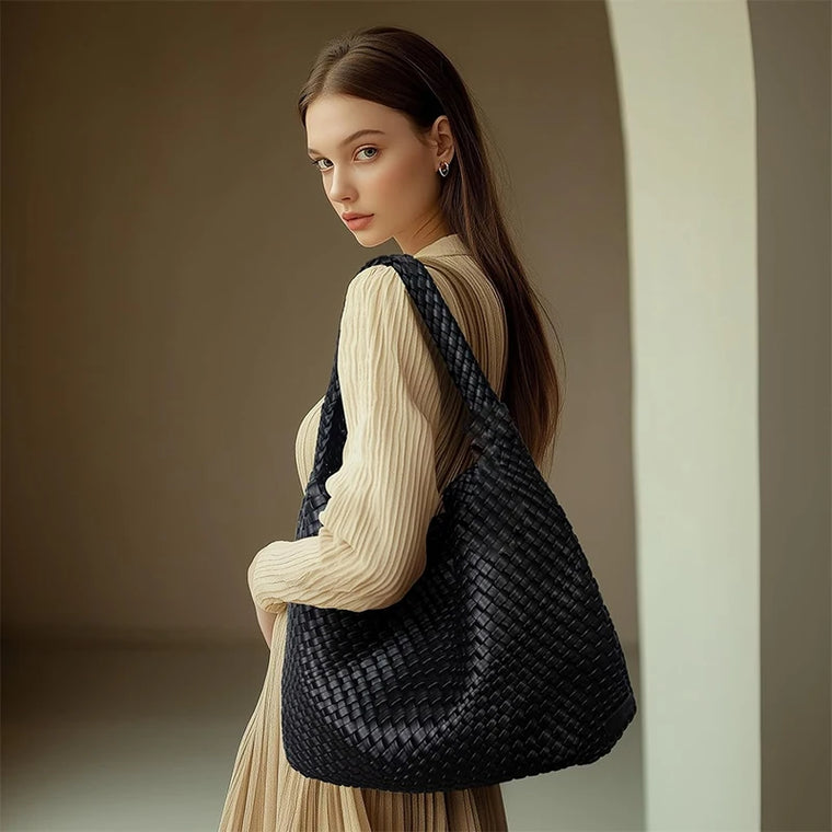Large Woven PU Tote Bag with Matching Pouch